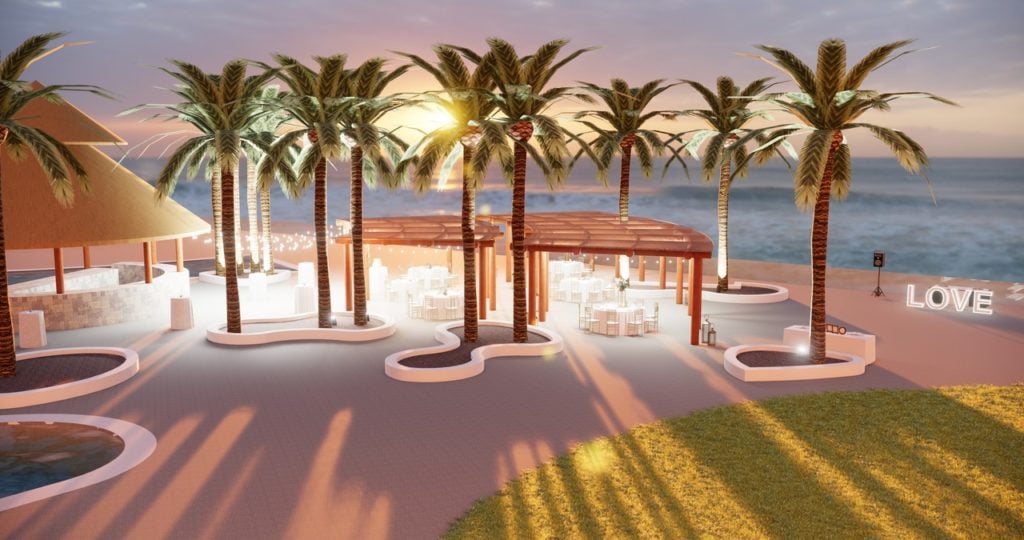 Beach wedding reception at sunset