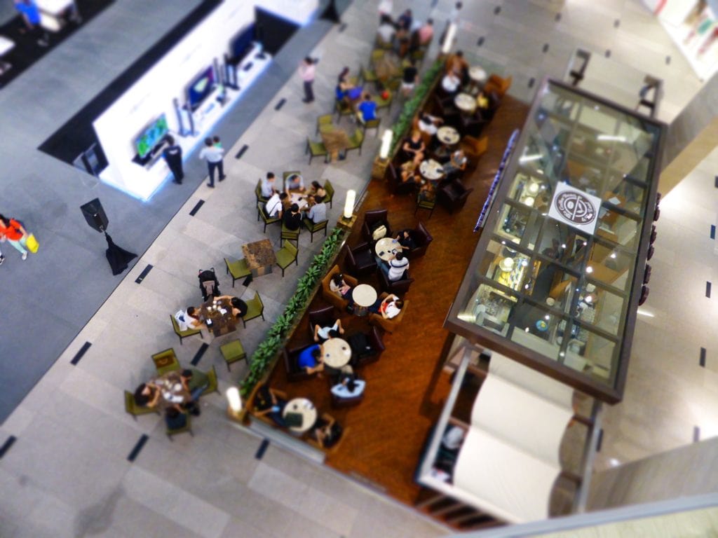 Busy mall coffee shop, top view
