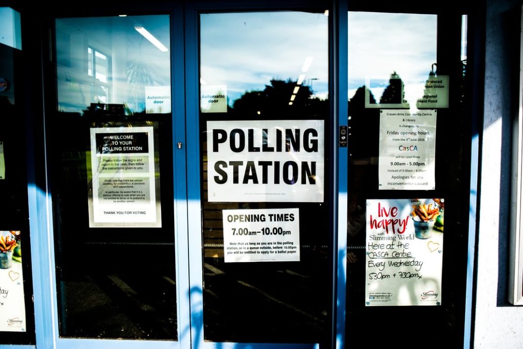 Polling station entrance with signage