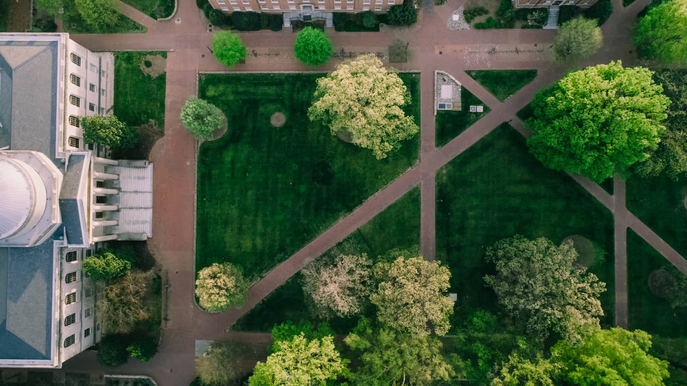 virtual tour of campus shot aerial view