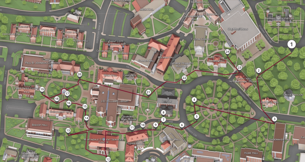 Campus map with a walking route