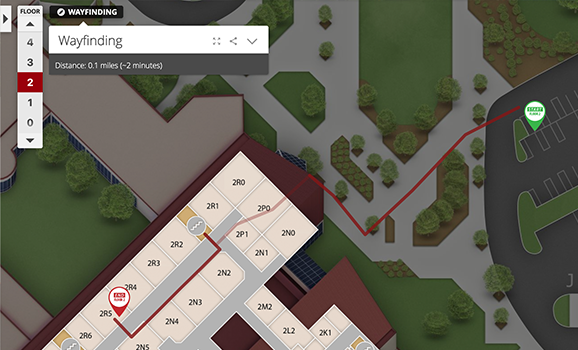 Screenshot of a map showing wayfinding from a parking lot to a classroom in the second floor.