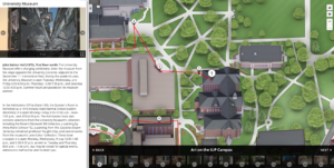 A screenshot of Indiana University of Pennsylvania's Interactive Map. The image shows a detailed rendering of a bird's-eye-view of a portion of the campus and red lines connecting different art stops on campus. At the bottom of the screenshot is a side-by-side list of all the art tour stops (there are 15+).