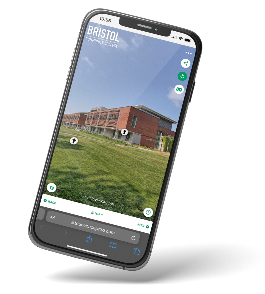 Virtual campus tour on a phone mockup