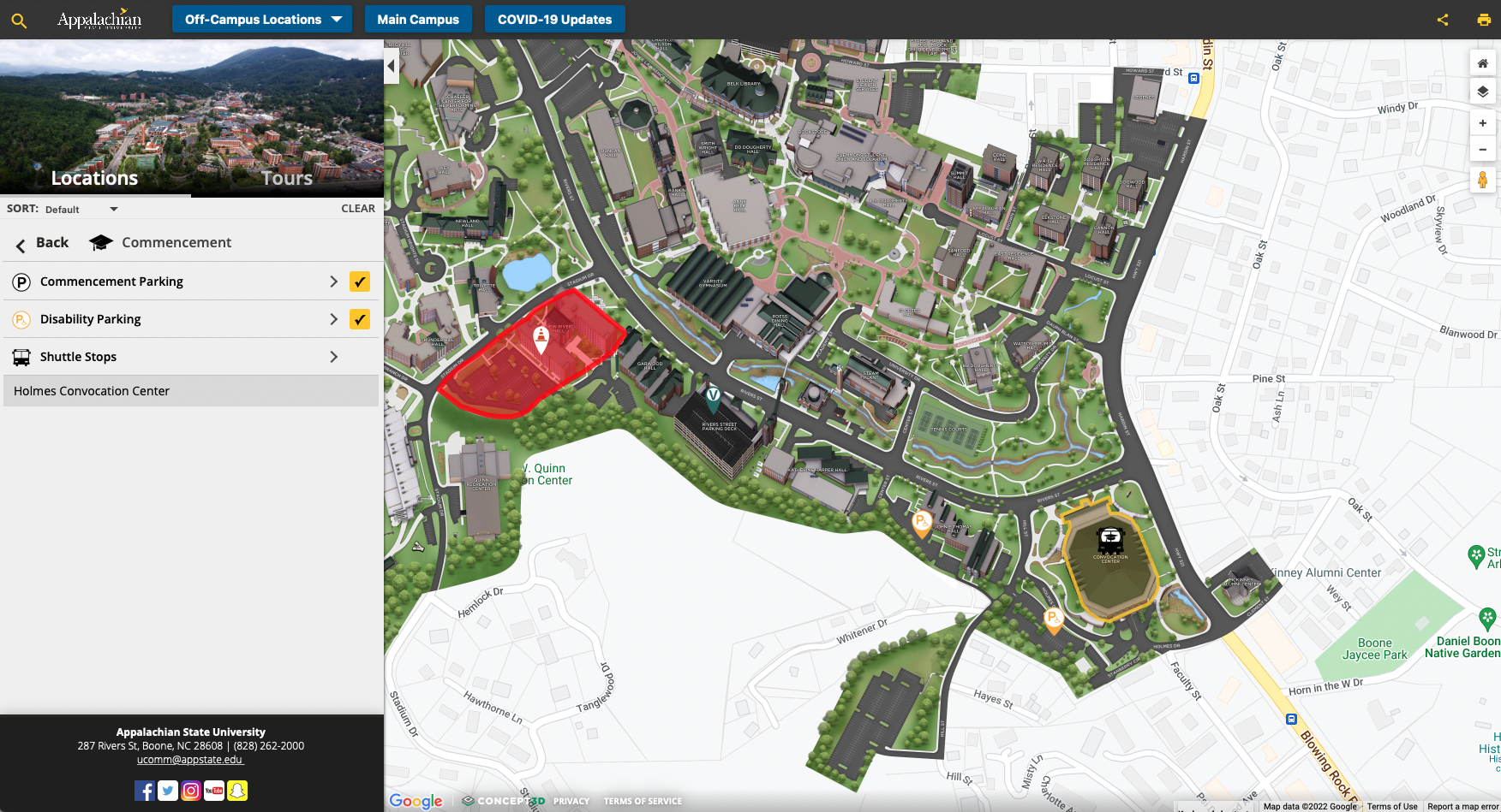 Appalachian State University interactive map for commencement day