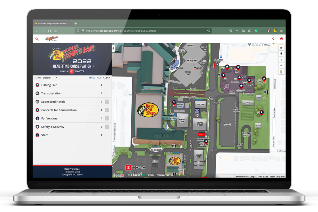 Mockup of a laptop with the Bass Pro Shop World Fishing Fair Map