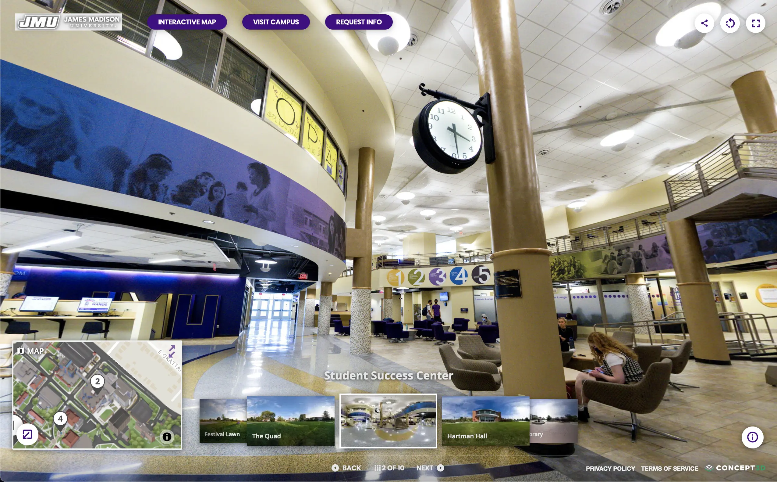 Screenshot of James Madison University's virtual tour of campus