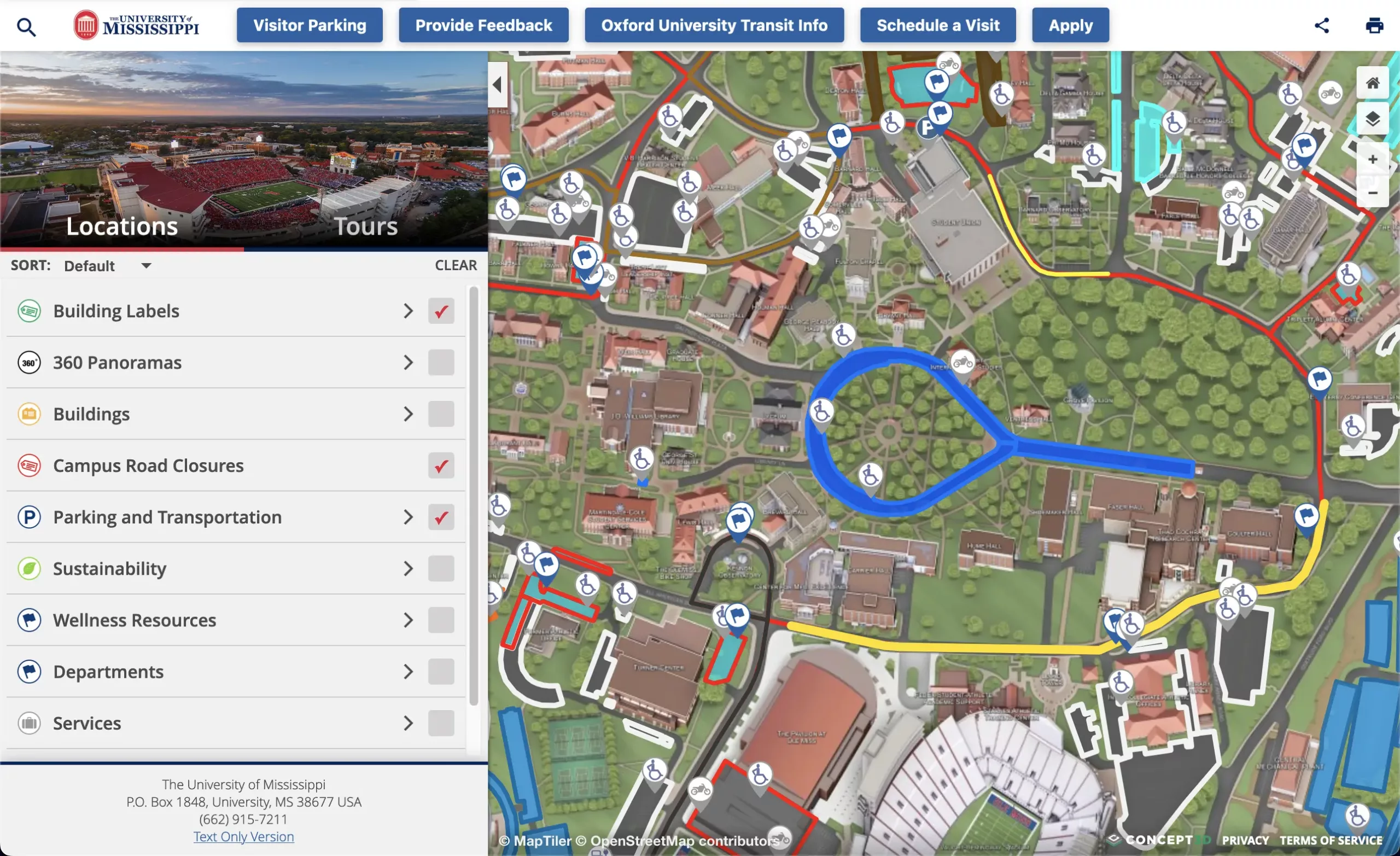 Screenshot of Ole Miss's interactive campus map