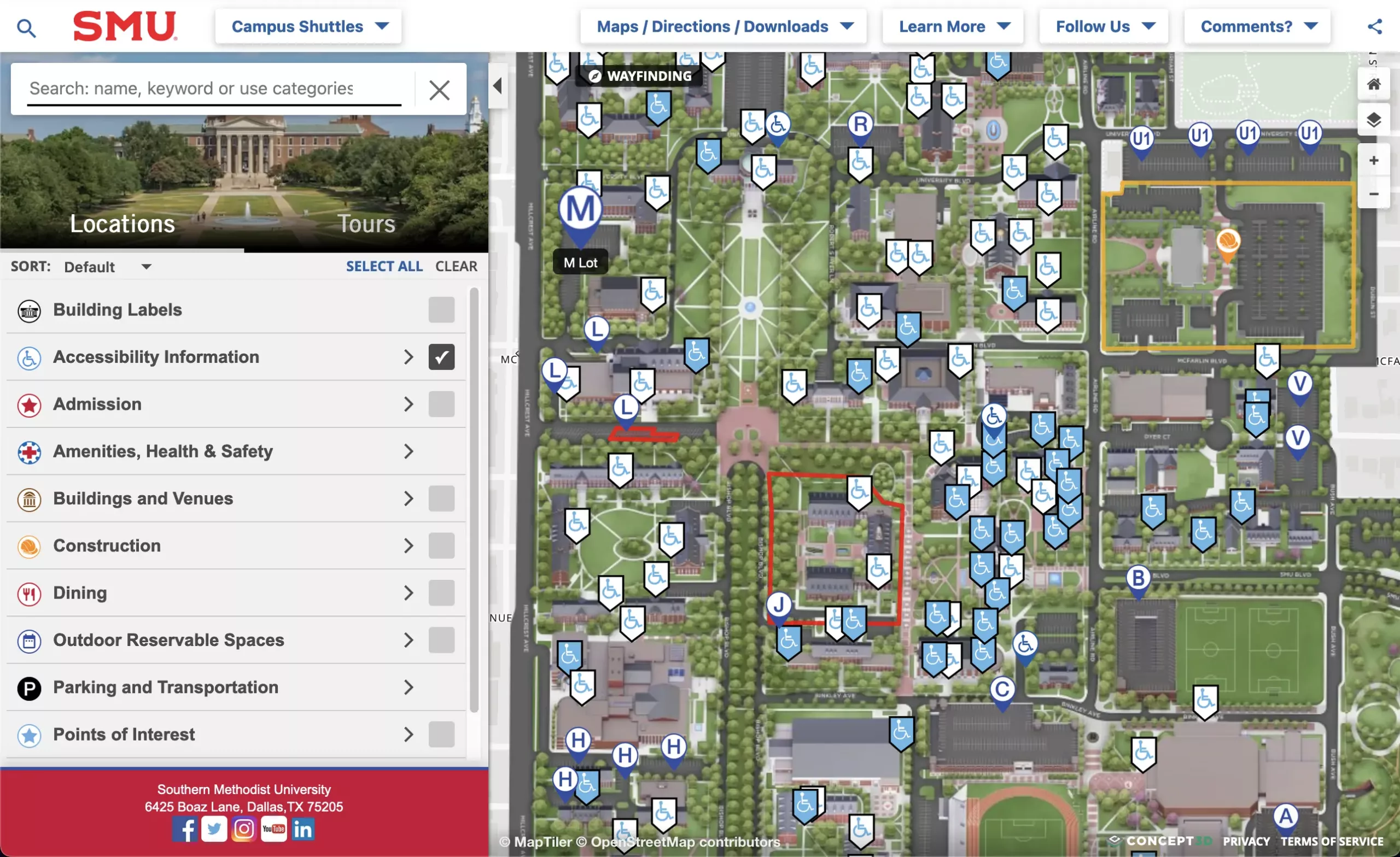 Screenshot of SMU's interactive campus map