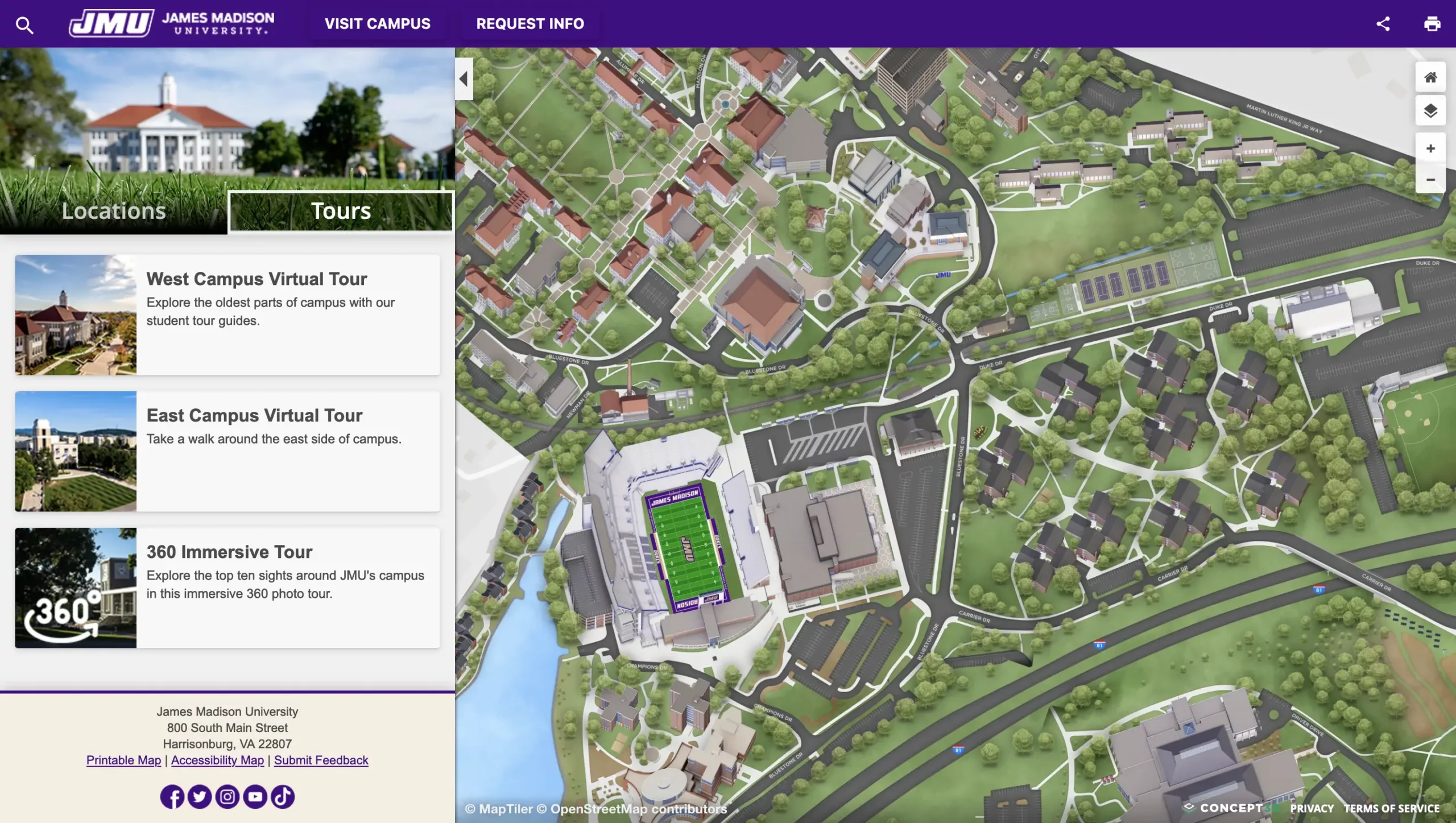 Screenshot of James Madison University's Interactive map