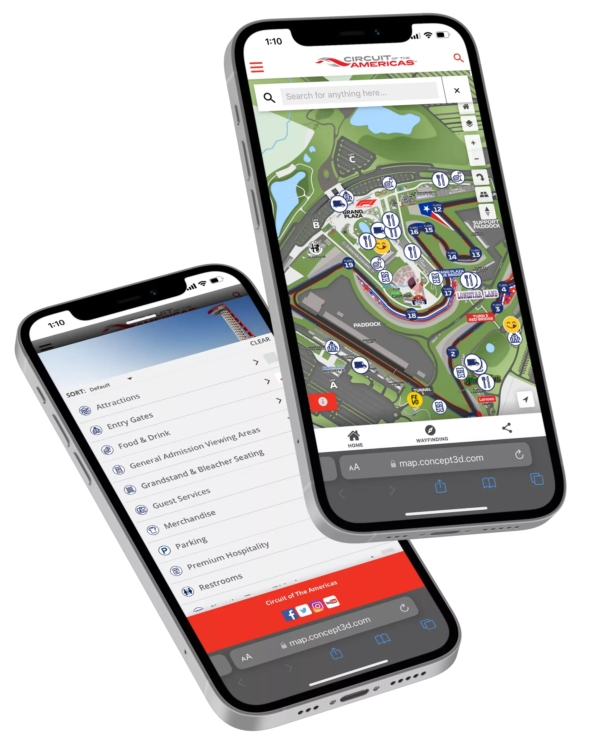 Circuit of the americas interactive map displayed on 2 floating phones