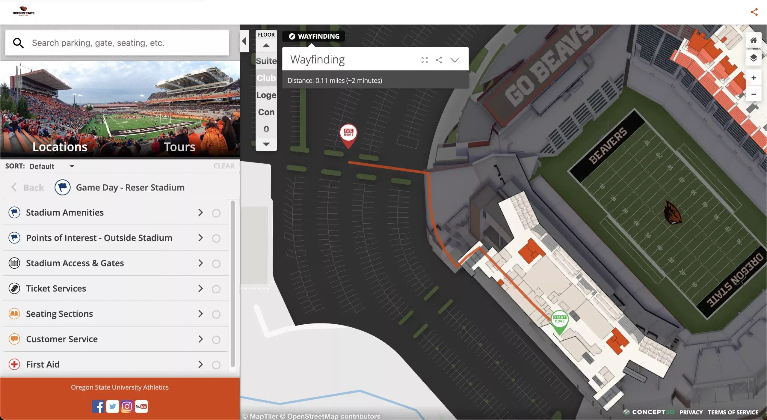 Screenshot of wayfinding on our interactive 3D Map