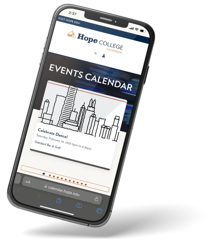 Mockup of a cellphone with Hope College's Event Calendar