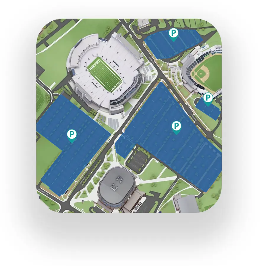 Screenshot of a map with a stadium surrounded by clearly labeled parking options.