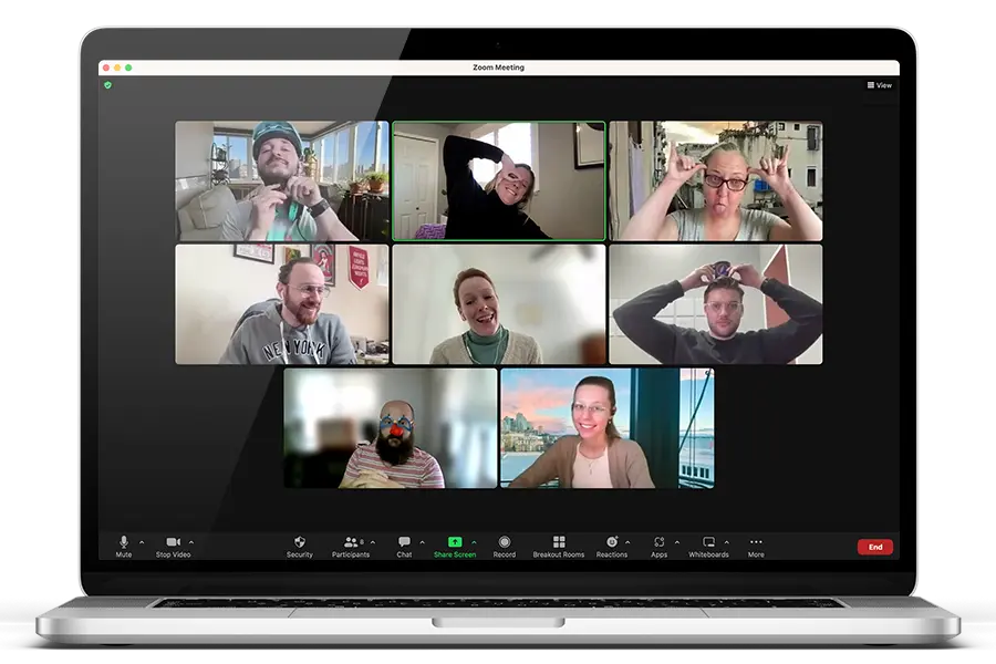 Screenshot of a zoom meeting with all the client success managers making funny faces