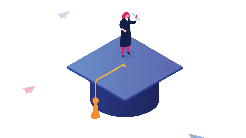 A graphic of a graduation cap with a graduate standing on top of it holding their diploma
