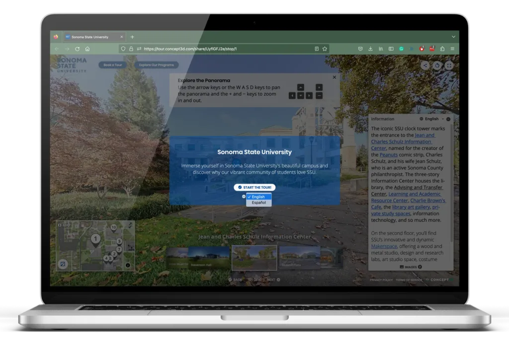 Image of a laptop with the Sonoma State Virtual Tour. The virtual tour has an option to chose between English and Spanish