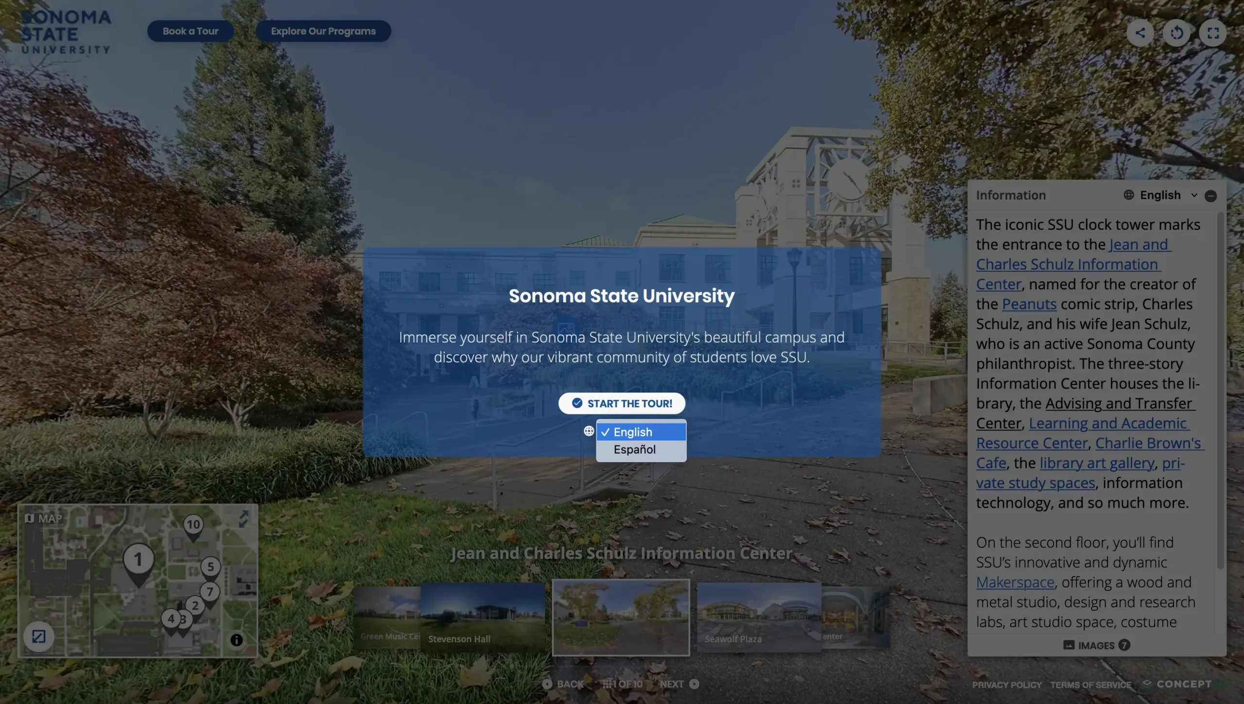 Screenshot of the welcome screen when you enter sonoma state university's 360º Virtual tour. There is an option to select between english and spanish as the tour's language.