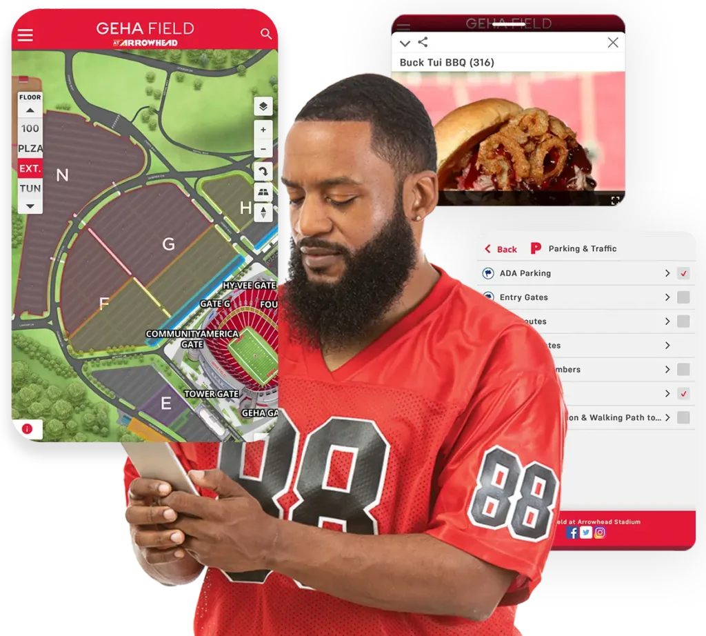 Guy in a red jersey looking at phone. Surrounding him is 3 screenshots of an interactive map. The screenshot on his left is of the parking lot, the screenshot above and to the right of him is an image of a food truck sandwhich, and the screenshot to the right of him is of the categories on the map.
