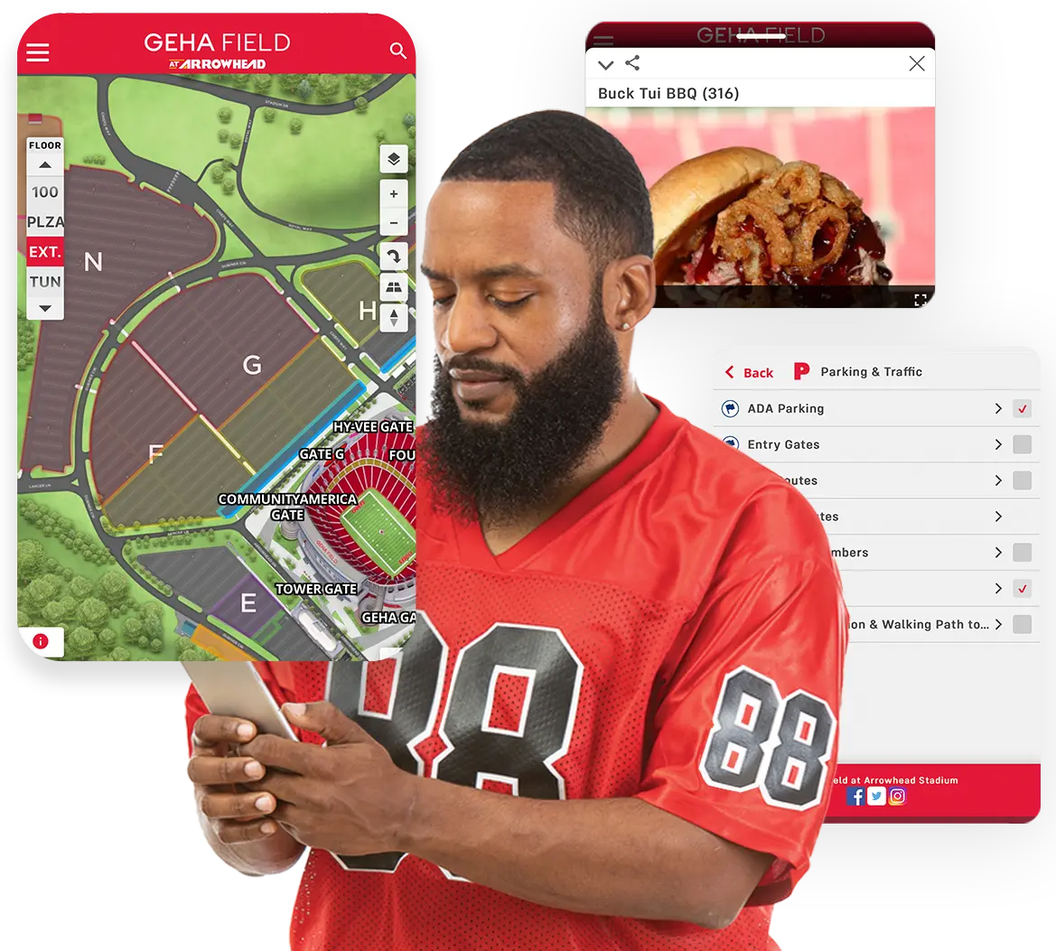 Guy in a red jersey looking at phone. Surrounding him is 3 screenshots of an interactive map. The screenshot on his left is of the parking lot, the screenshot above and to the right of him is an image of a food truck sandwhich, and the screenshot to the right of him is of the categories on the map.