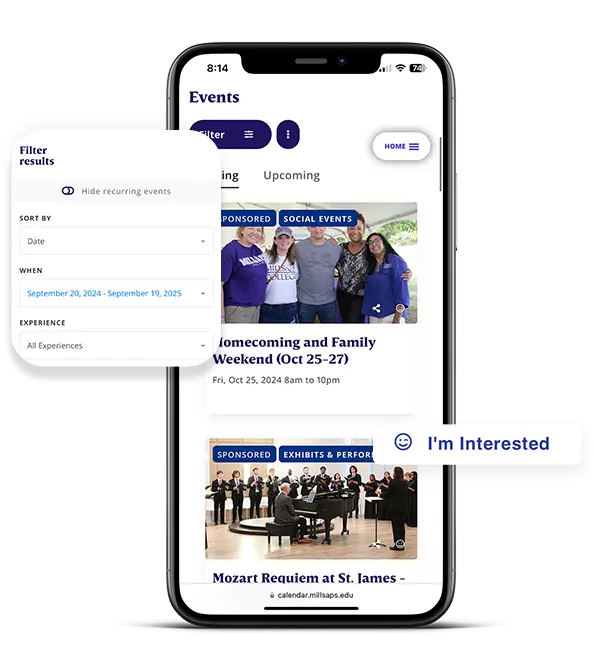 Millsaps Event Calendar displayed on phone
