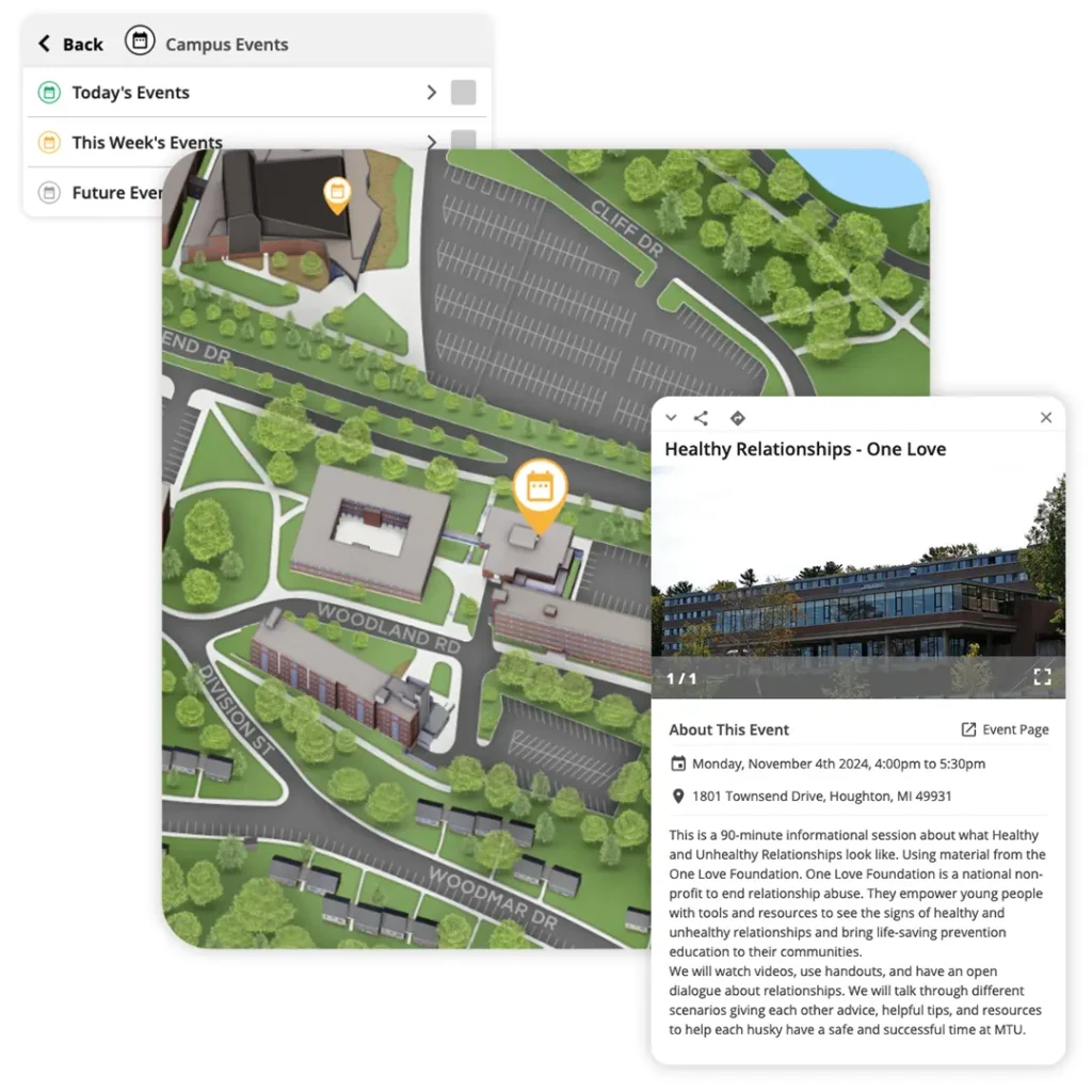 Screenshot of a map, with categories of "Future events" showing on the left and a screenshot of event info on the right.