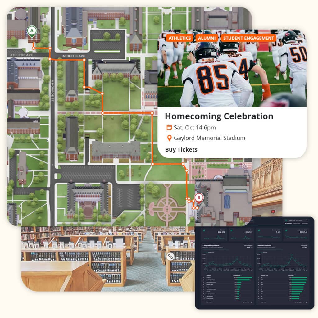 Multiple screenshots are on top of each other, from top layer to bottom: A screenshot promoting an event, a screenshot of a map with directions, analytics dashboard, and a 360 tour.