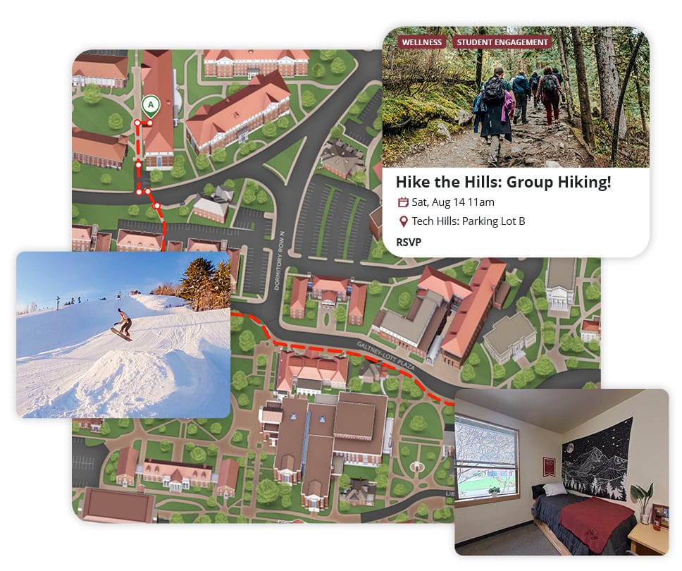 Screenshot of an interactive map with a route going through it. Popout images of a snowboarder, a dorm, and an event to go hiking are overlayed on top.