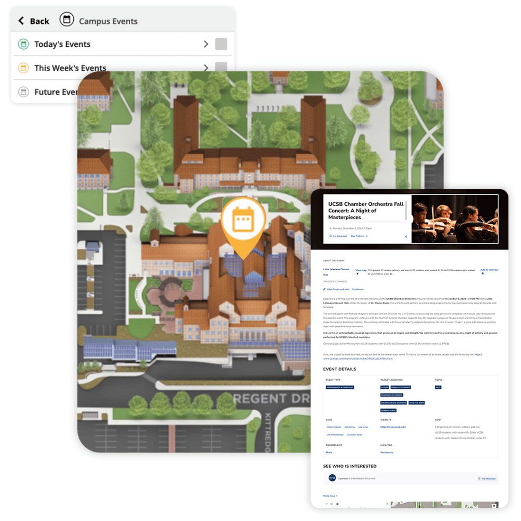 Top left has a screenshot of an event category, showing checkboxes for events happening today, this weekend, and this week. There's a screenshot of a map with an event pin on it. Another screenshot of event details.