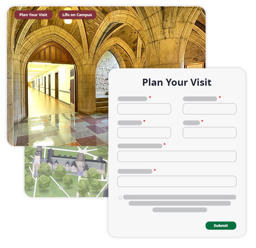 Screenshots of a virtual tour, a map, and a form.