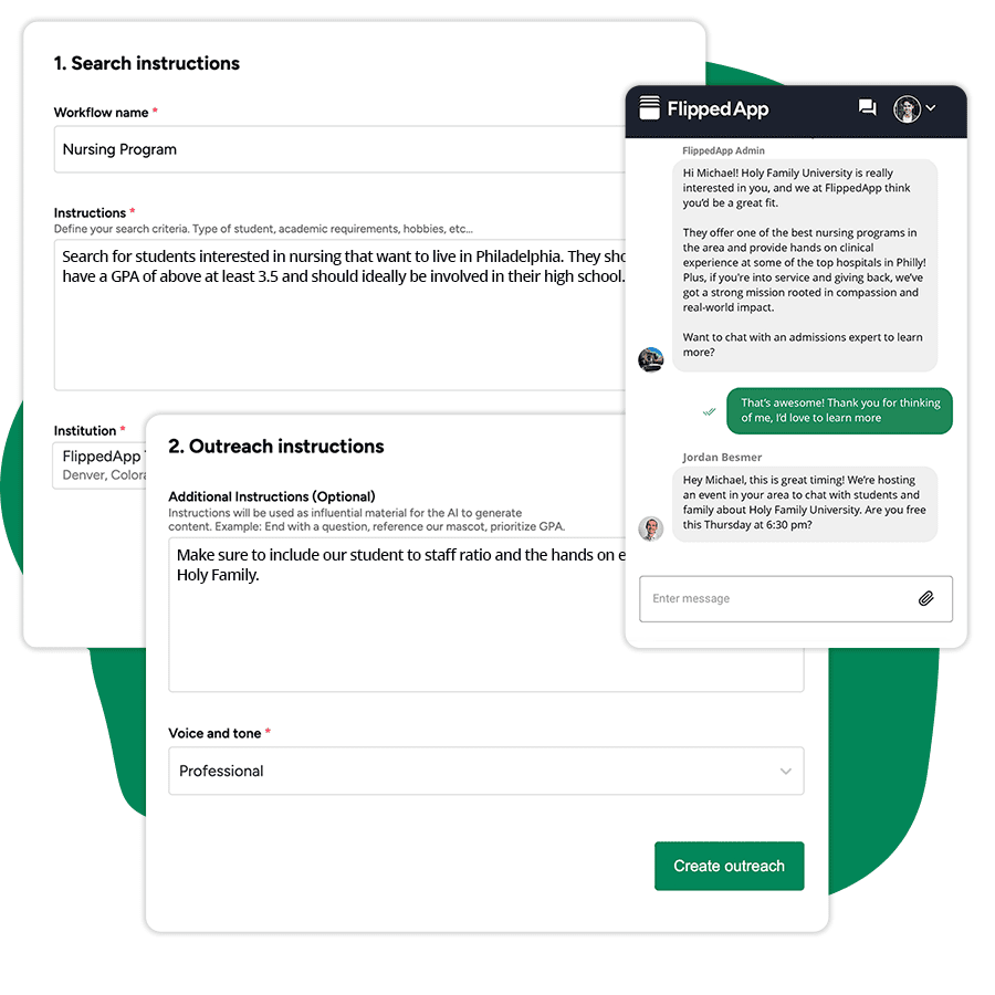 A series of screenshots showing flippedapp's search function, outreach instructions, and messages.