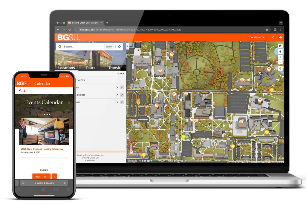 A phone and a laptop are beside each other. On the phone is the events calendar from BGSU, on the laptop is a campus map of BGSU