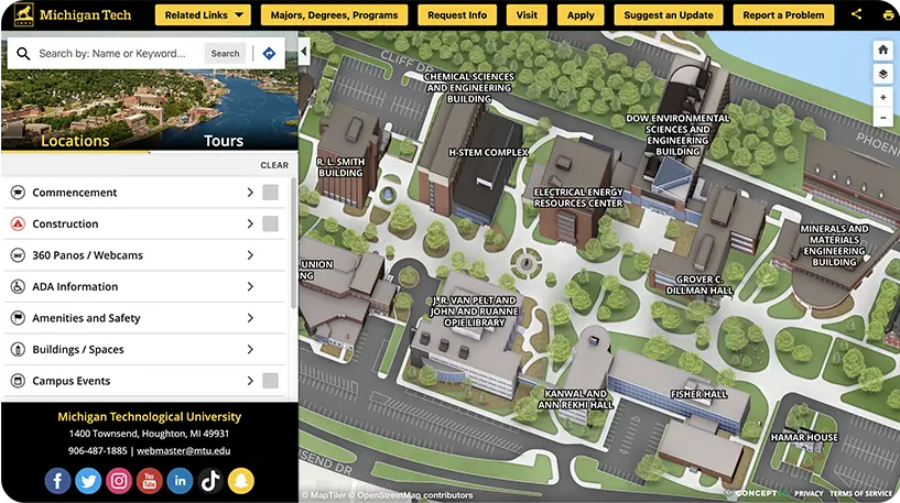 Screenshot of Michigan Tech's interactive map to show off its branding.