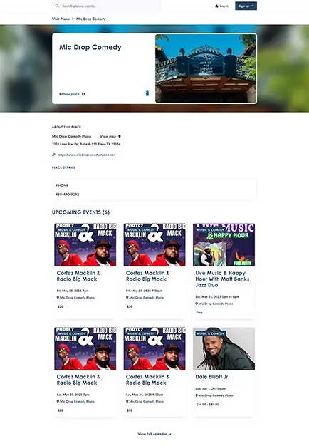 Landing page displaying a venue, information about that venue, and all the events happening at that venue.