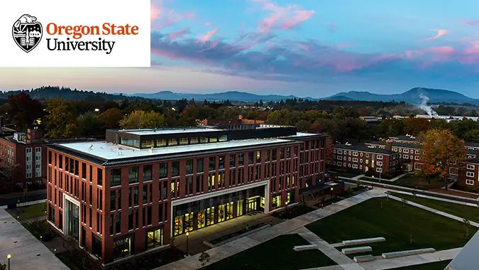 Oregon State University's campus with the logo on the top left.
