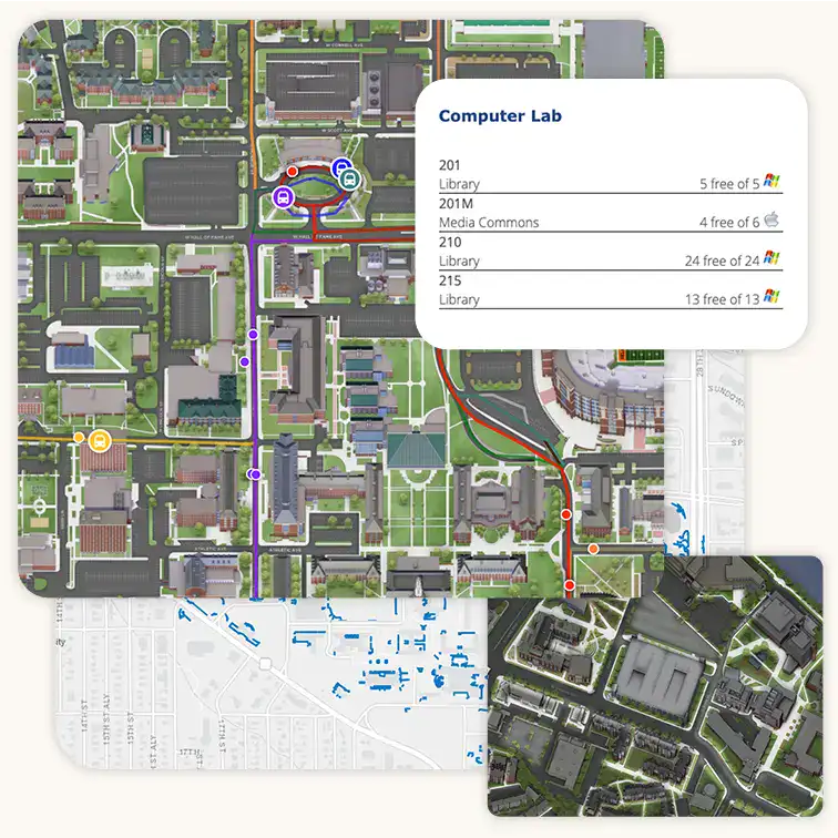 Several screenshots are laid on top of each other. A screenshot of an ArcGIS map is on the bottom, a screenshot of a map showing well-lit routes at night is above that. A screenshot of a map with bus transit is above that, followed by a screenshot of the computer lab availability.