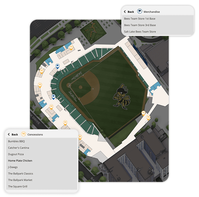 Salt Lake Bees map screenshot showing concessions and merch stores.