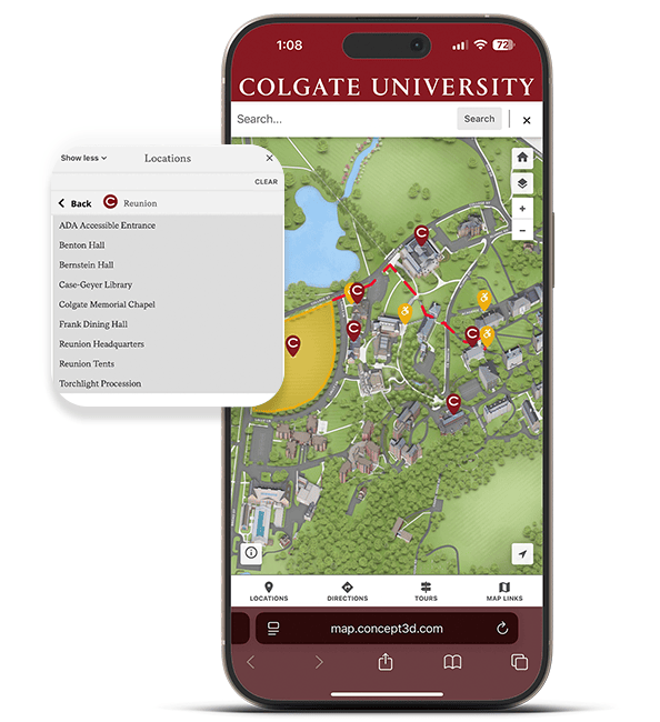 Colgate Interactive Map with a reunion showing.
