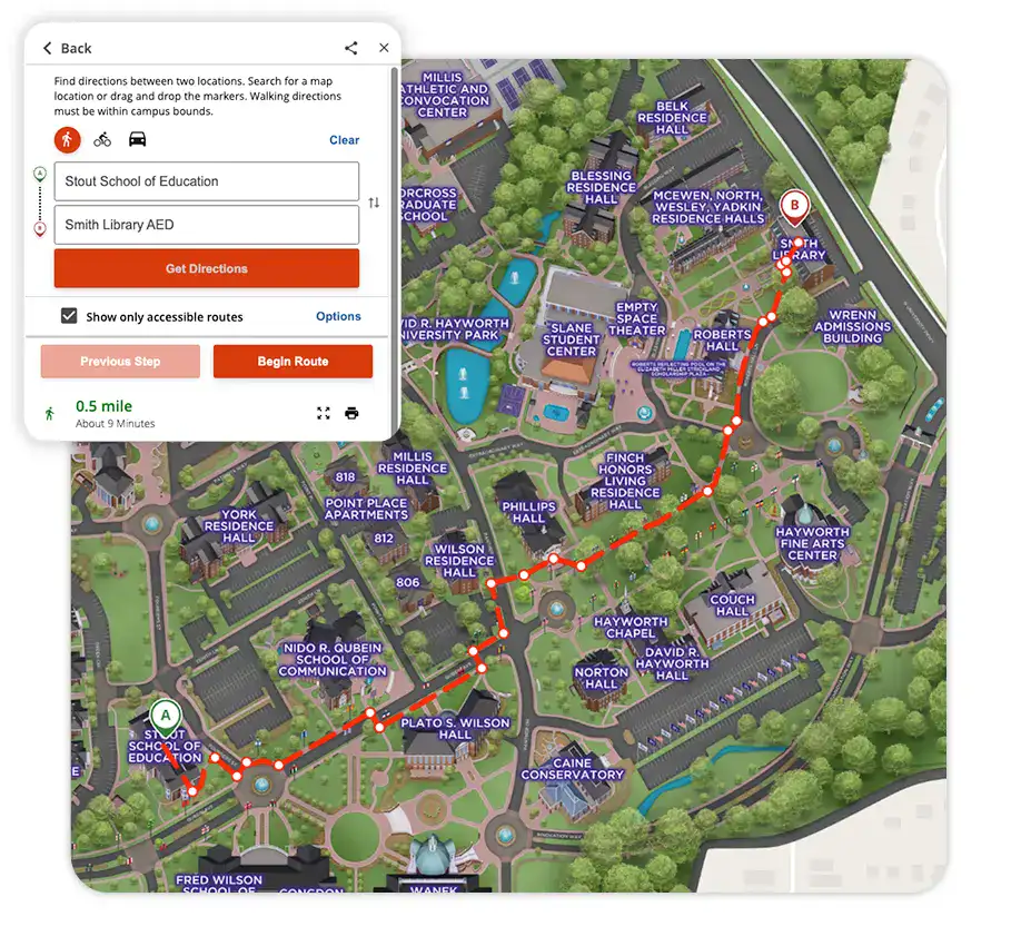 High Point campus map showing wayfinding with accessible routes.