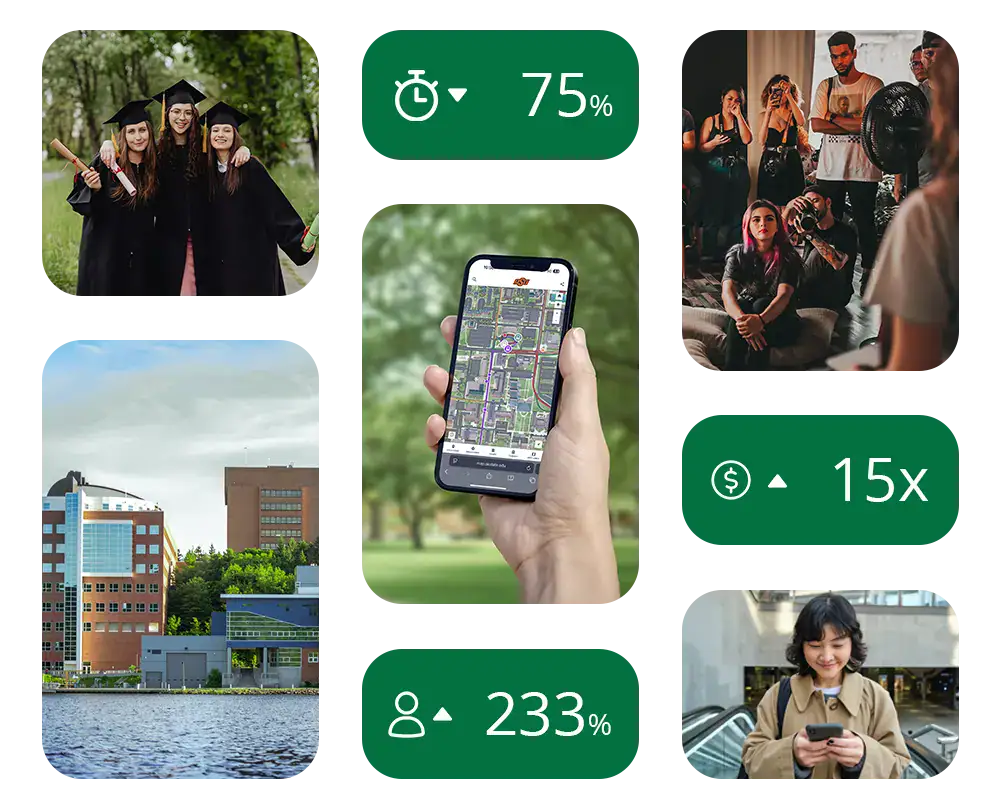 Decoration for various case studies. 9 photos of campuses, students, and results teasers.