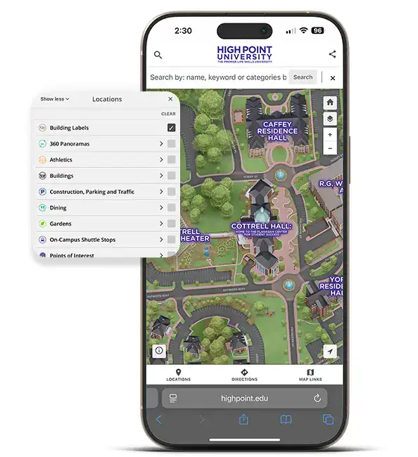 Interactive campus map of high point on the cell phone