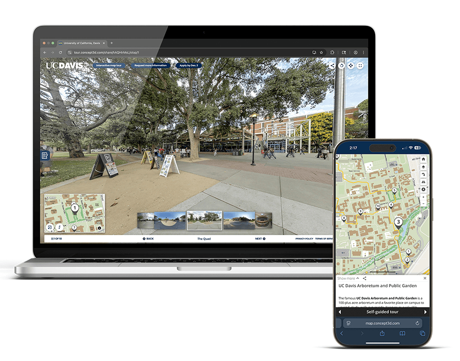 UC Davis's virtual tour on a laptop and interactive map on a phone