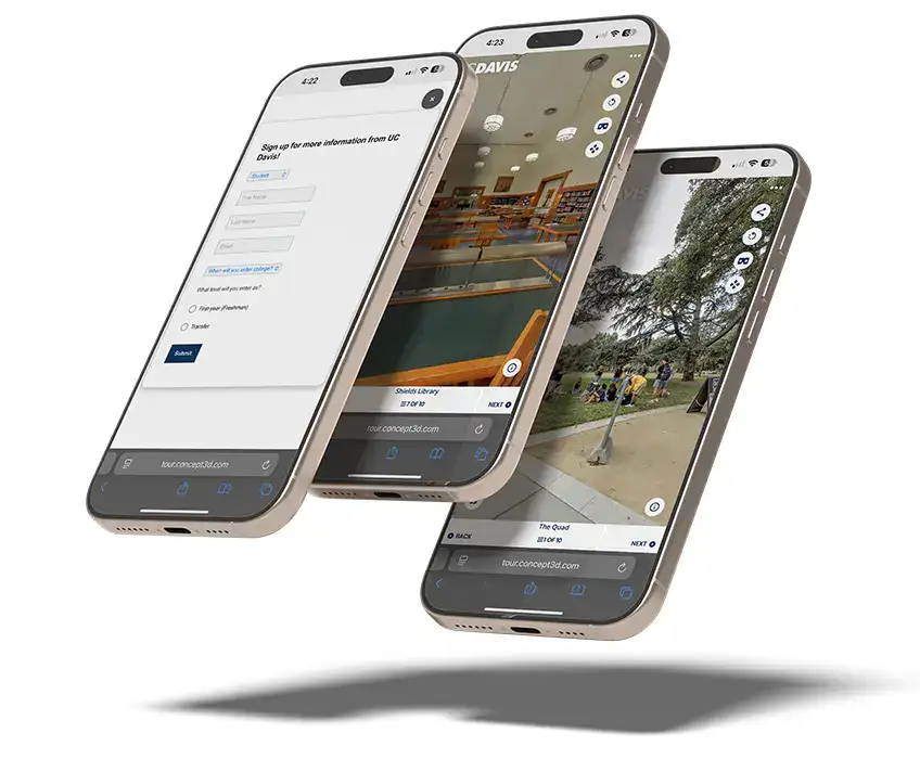 UC Davis Phones showing virtual tours and an embedded events calendar.