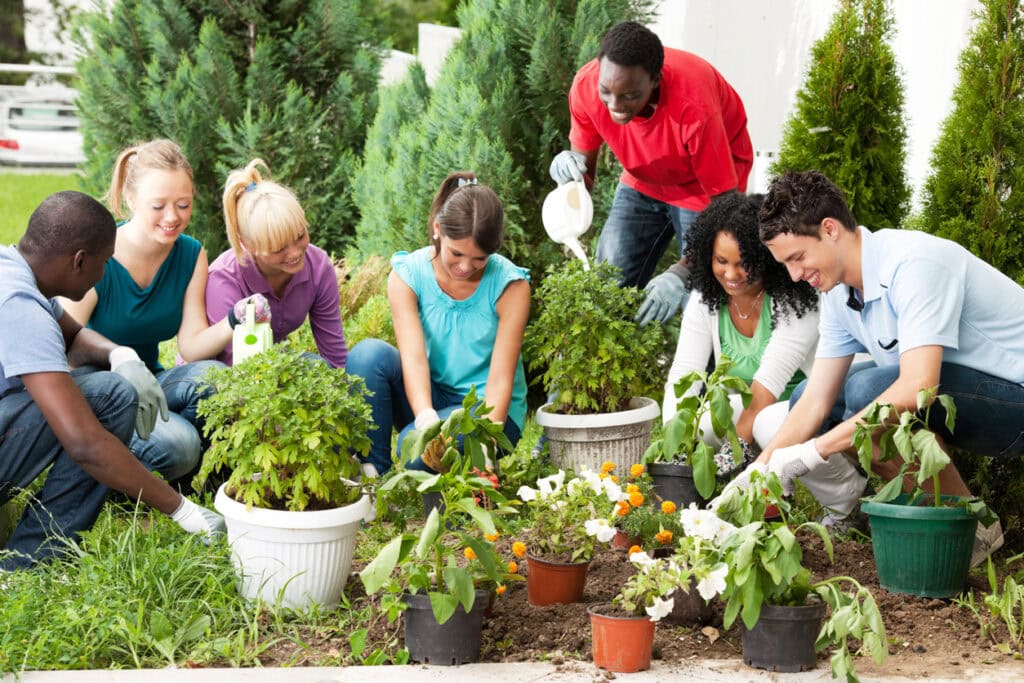 College students trying gardening, one of the recommended team-building events for college students