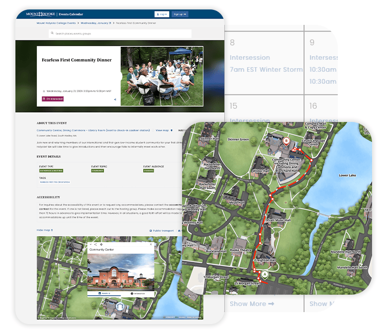 3 screenshots scattered in a decorative image. The screenshots from top to bottom are: an interactive map with directions, an event landing page with a map at the bottom, and an events calendar.