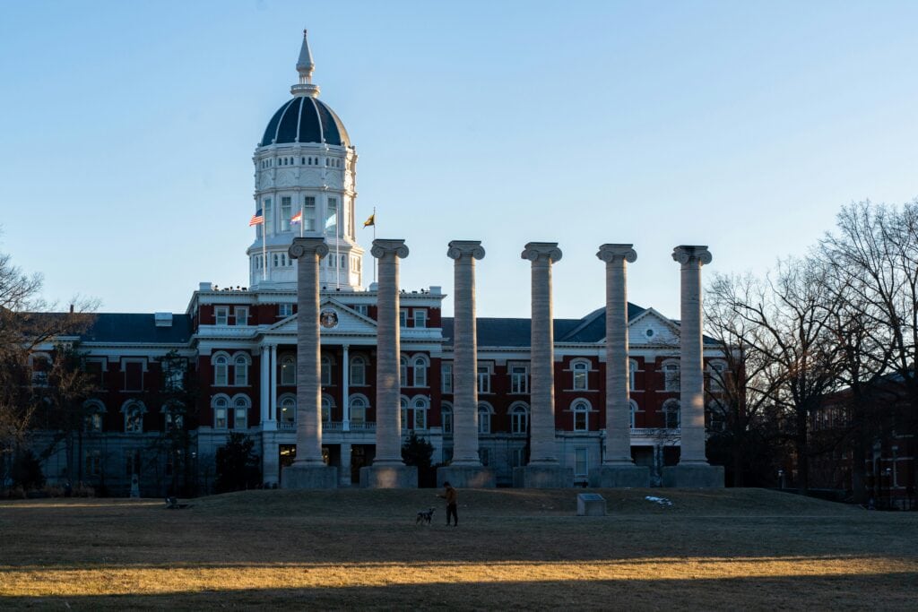 a university building with pillars