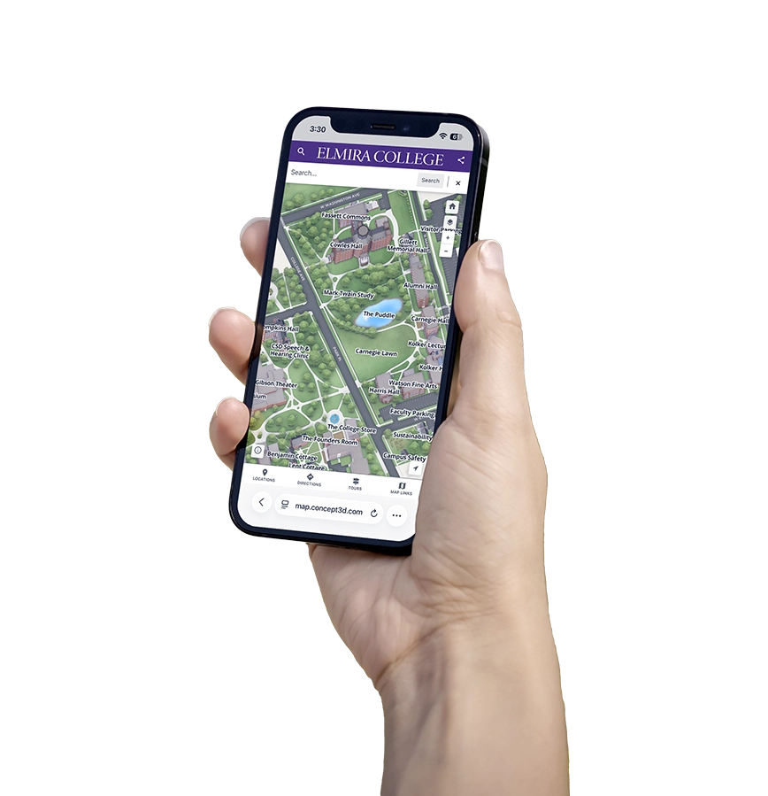 Hand holding a phone with Elmira College's Map depicted on it