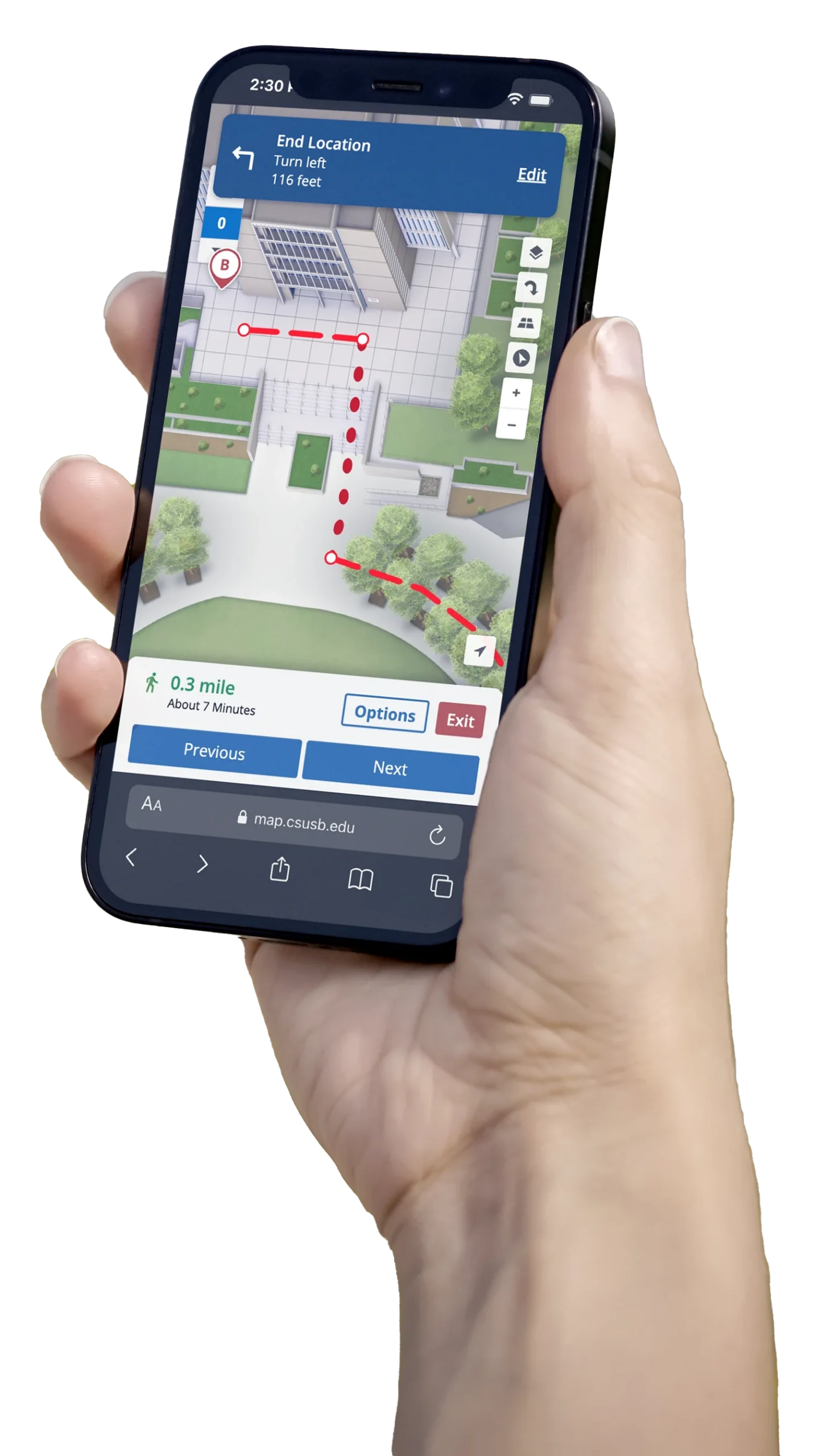 Hand holding a phone displaying CSUSB's campus map
