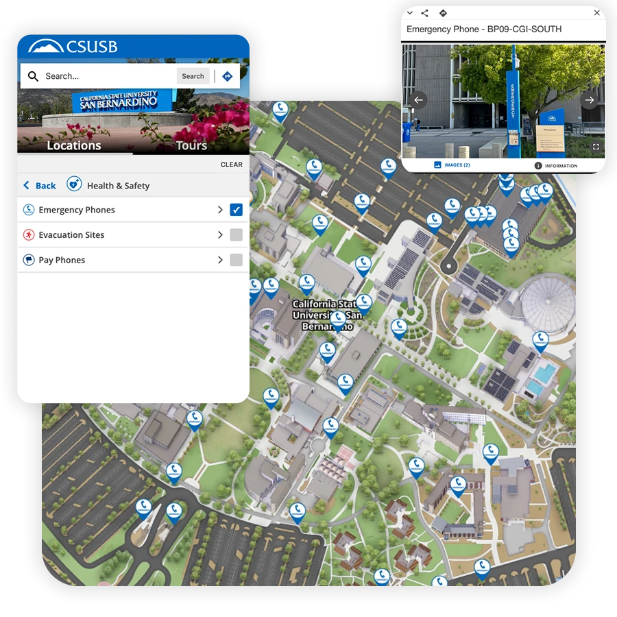 Screenshot of map with emergency blue phones being shown.