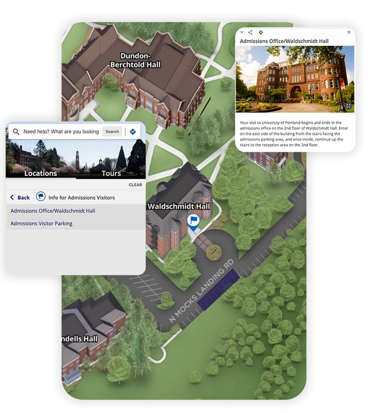 Portland University's Admissions office and parking information